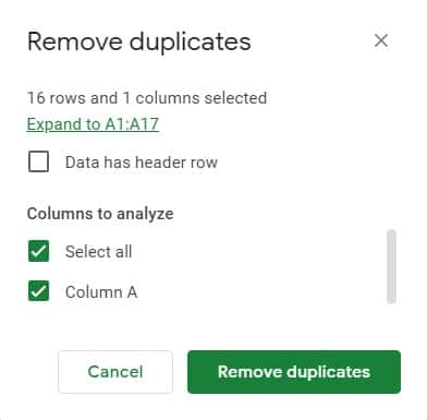 Part 2 of the example of how to remove duplicates in Google Sheets (The remove duplicates menu)