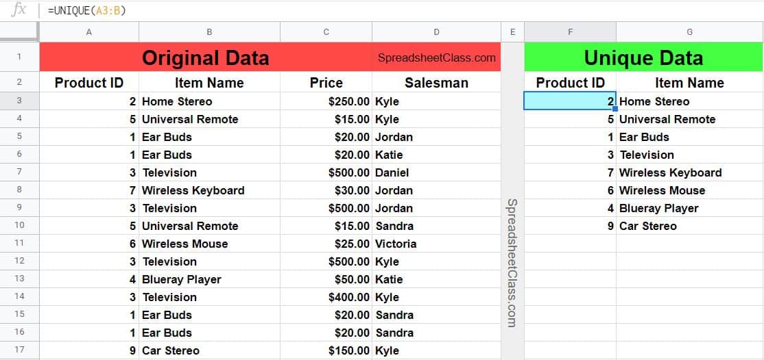 Part 1 of the example of using the Google Sheets UNIQUE function to create a unique list of products and product IDs based on a list of transactions