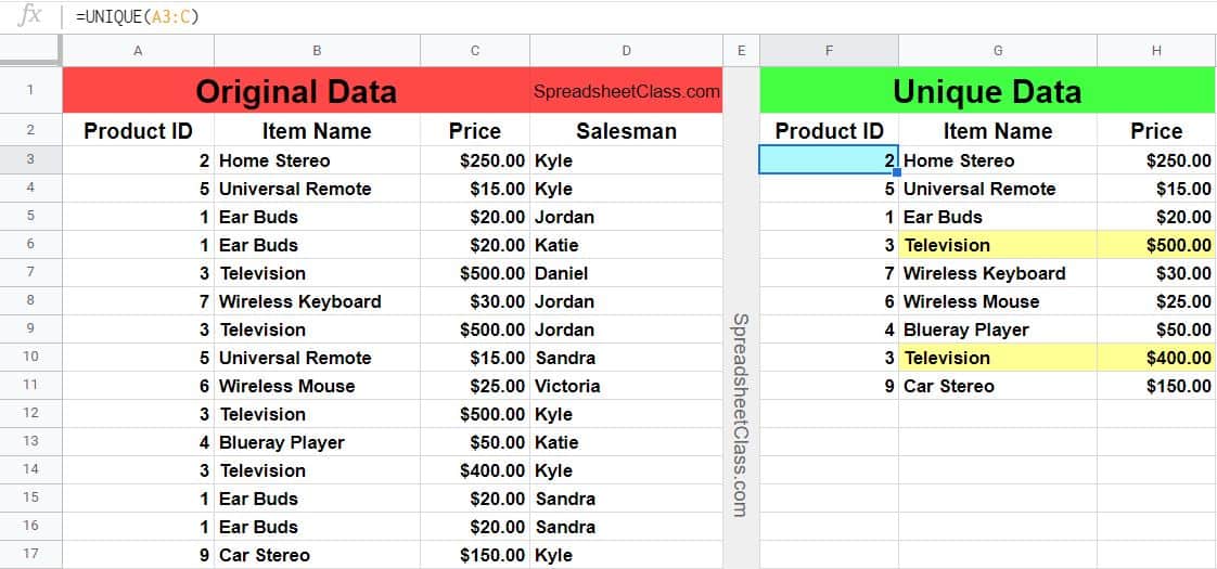 Part 2 of the example of using the UNIQUE function to create a unique list of products and the prices that they were sold for (Content created by SpreadsheetClass.com)