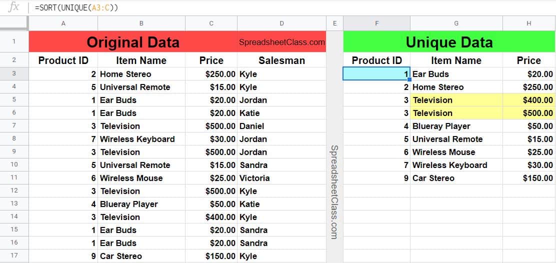 Part 3 of the example of using the UNIQUE function with the SORT function