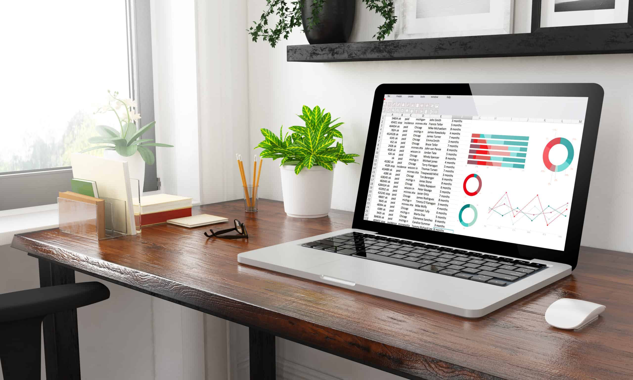 A Google Sheets dashboard that is on a laptop sitting on top of a tidy desk. Showing a nice a spreadsheet dashboard can look.