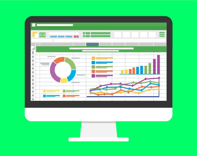 A vector image with a dashboard display on a computer, with a green background. A representation of a Google Sheets dashboard and the wide variety of possibilities for data visualizations