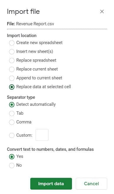 Example number 2 of the import file menu in Google Sheets, where the settings are selected