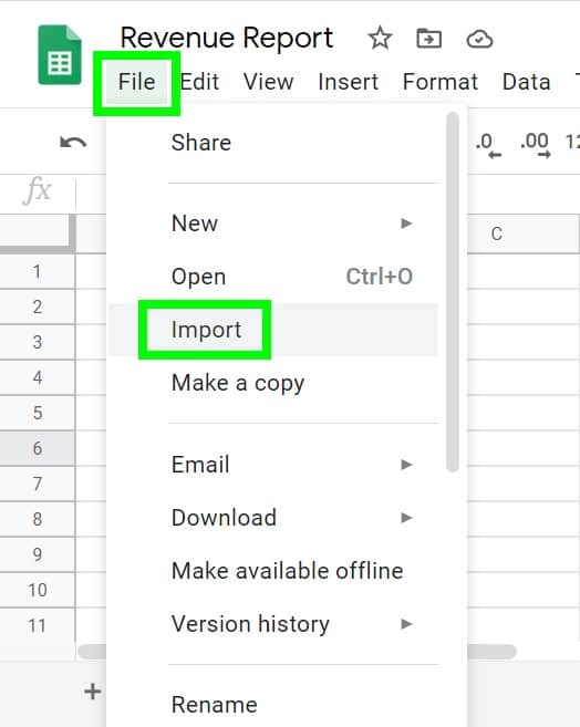An example of clicking "File", and then clicking "Import" in a Google spreadsheet