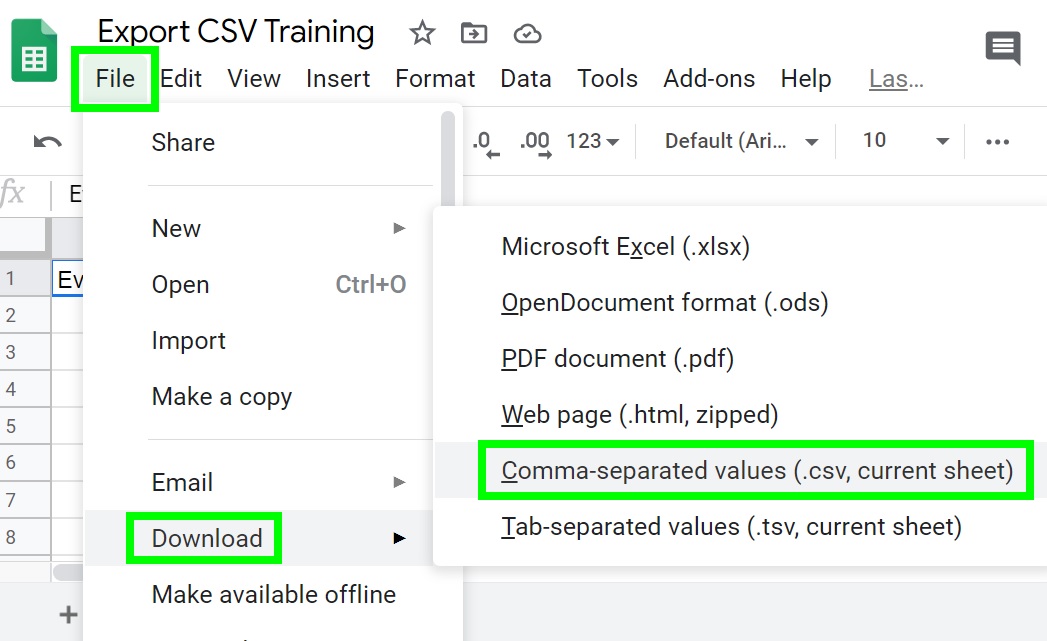 An example of how to export a CSV from a Google spreadsheet (Clicking "File", then "Download", then "Comma-separated values")