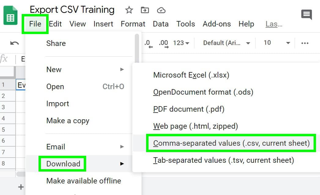 An example of how to export a CSV from a Google spreadsheet (Clicking "File", then "Download", then "Comma-separated values")