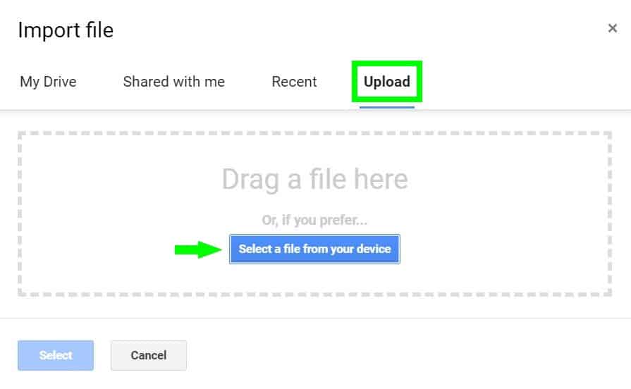 An example of the "Import file" menu in Google Sheets, that demonstrates clicking "Upload", and then clicking "Select a file from your device."