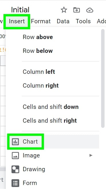 An example of how to insert a chart in Google Sheets, by using the "Insert" menu