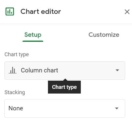 An example that demonstrates how to select the chart type, inside the chart editor, in Google Sheets