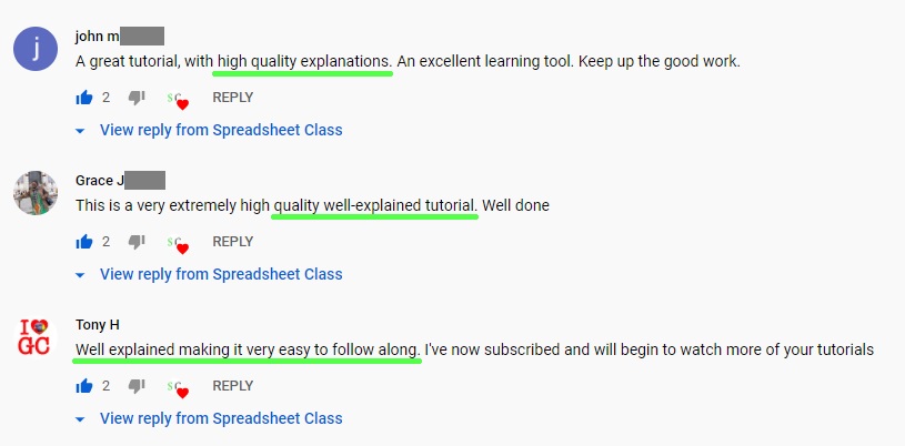 YouTube testimonials for the Google Sheets dashboards course by Corey Bustos / SpreadsheetClass.com