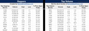 An example of the Google Sheets stock screener for top volume and top gapper i.e. top gainer stocks