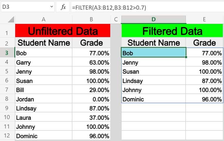 An example of filtering by a number in Excel by using the FILTER function