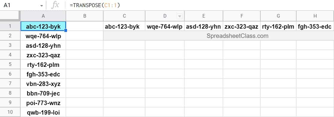 An example of turning columns into rows with the TRANSPOSE function in Google Sheets