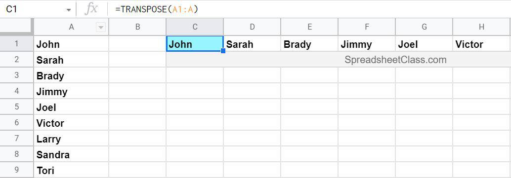 An example of turning rows into columns with the TRANSPOSE function in Google Sheets