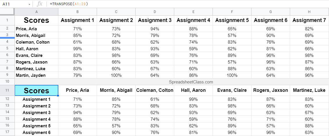 An example of using a larger range of cells with the TRANSPOSE function, to switch columns and rows (and vice versa)