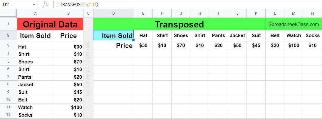 An example of using the TRANSPOSE function to turn multiple columns into multiple rows (Example using range of cells)