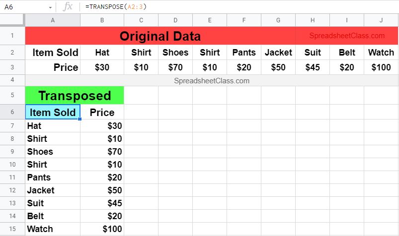 An example of using the TRANSPOSE function to turn multiple rows into multiple columns (Example using range of cells)