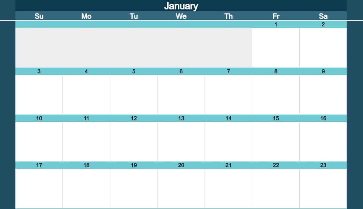 An example of the Excel Calendar Template (Full Size) by SpreadsheetClass.com