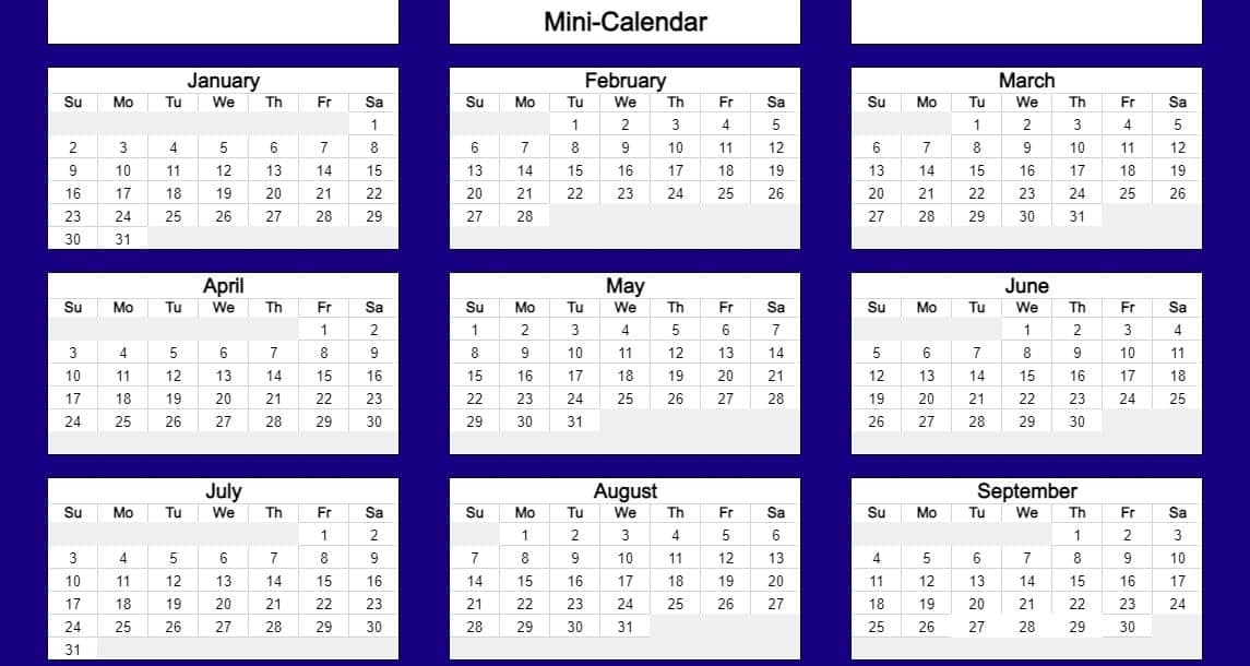 An example of the Excel Calendar Template by SpreadsheetClass.com (Miniature)