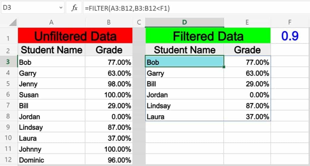 An example of filtering based on a cell value in Excel by using the FILTER function