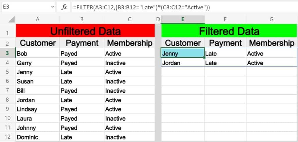 Example of filtering by multiple conditions in Excel by using the FILTER function- Basic example (AND Logic)