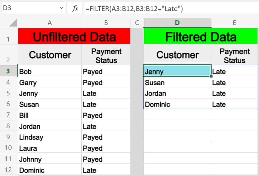 Example of filtering by text string in Excel, by using the FILTER function