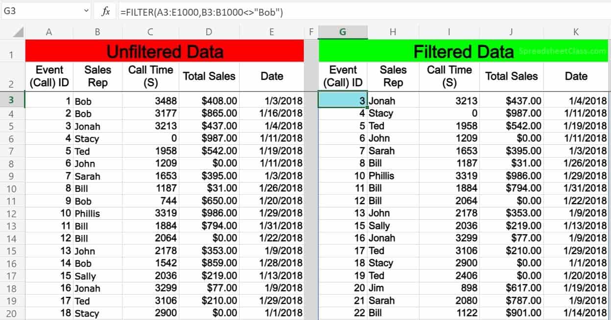 An example of filtering where not equal to in Excel, by using the FILTER function