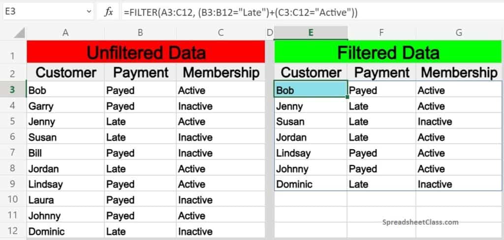 An example of filtering by multiple conditions in Excel by using the FILTER function- Basic example (OR Logic)