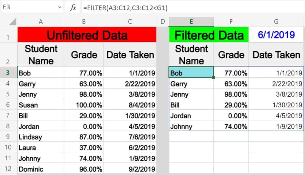 An example of filtering by a date in Excel by using a cell reference with the FILTER function- Basic example