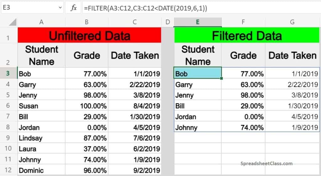 An example of filtering by date in Excel by using the DATE function with the FILTER function- Basic example (Lesson by SpreadsheetClass.com)