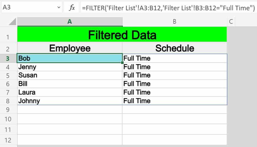 Example of filtering from another sheet in Excel by using the FILTER function- Filter formula tab