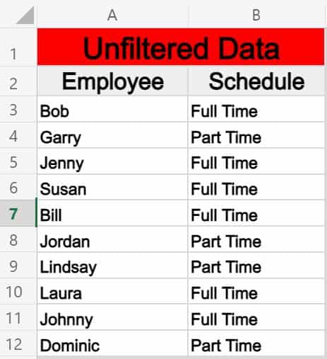 An example of filtering from another sheet in Excel- Raw data list tab