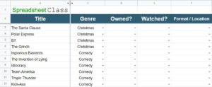 An example of the Google Sheets Movies List template (Combined list template including Movies, TV Shows, Books, and Music)