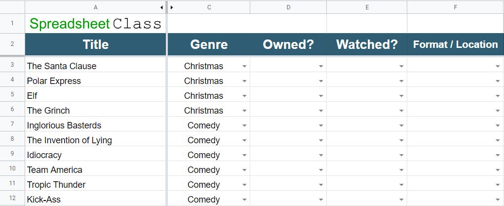 An example of the Google Sheets Movies List template (Combined list template including Movies, TV Shows, Books, and Music)