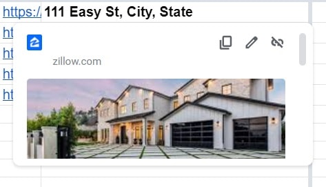 An example of the Google Sheets house hunting template when hovering over the link to the house listing where the house image is displayed in a preview