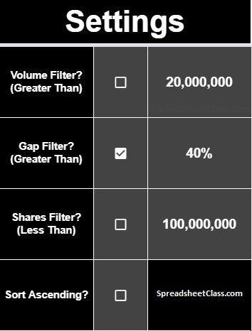 An example of the custom settings for the screener, in the Google Sheets stock tracker template with stock analysis, watchlist, and screener