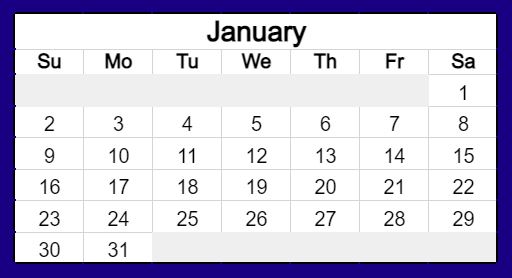 Example of the bright blue Mini Calendar (Excel Version)