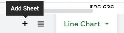 The "Add sheet" option in Google Sheets. An example of how to add or insert new sheet