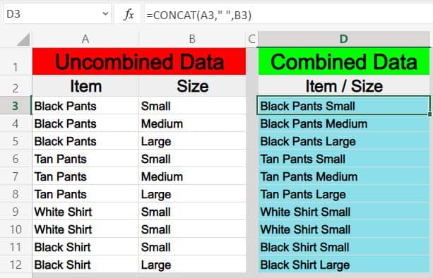 An example of combining columns horizontally in Excel (concatenating columns) with the CONCAT function