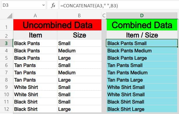 An example of combining columns horizontally in Excel (concatenating columns) with the CONCATENATE function