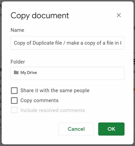 The "Copy document" menu within a Google Sheets workbook (Method 1)
