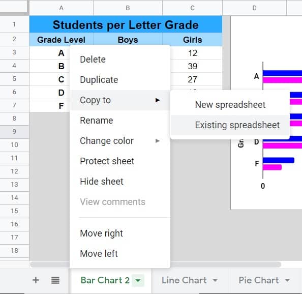 An example of copying a tab to a new sheet in Google Sheets (Copy to new file)