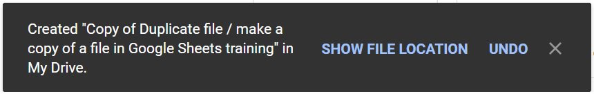 The created copy and "show file location" notification in Google Drive (Method 2)