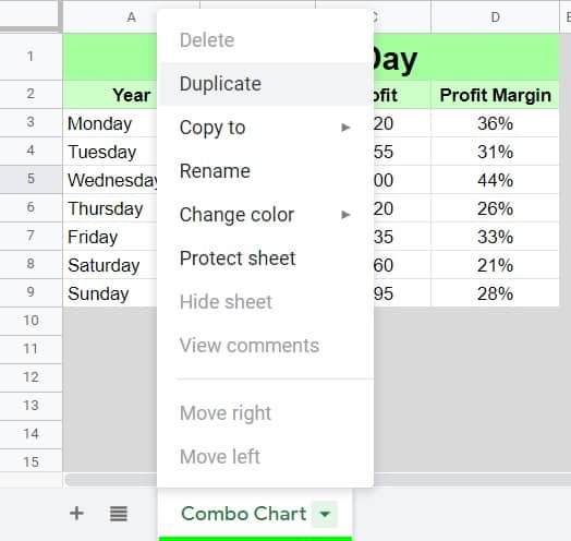Example of duplicating a tab in Google Sheets