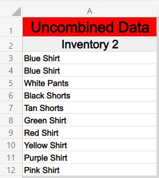 Example of combining columns from different sheets in Excel- Second list tab