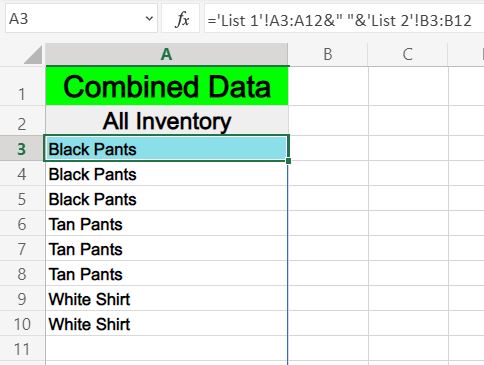 Example of combining columns from multiple sheets in Excel- Formula combination tab