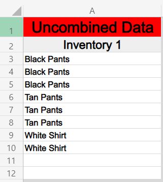 Example of combining columns from separate sheets in Excel- First list tab