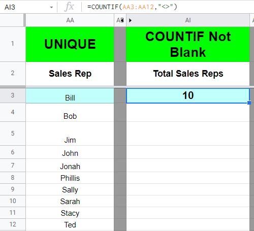 An example of the Google Sheets count if not blank formula