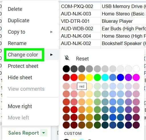 Example of how to change tab color in Google Sheets