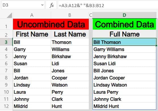 An example of how to combine columns horizontally in Excel with the and (&) operator (Array). Combining first and last name in Excel